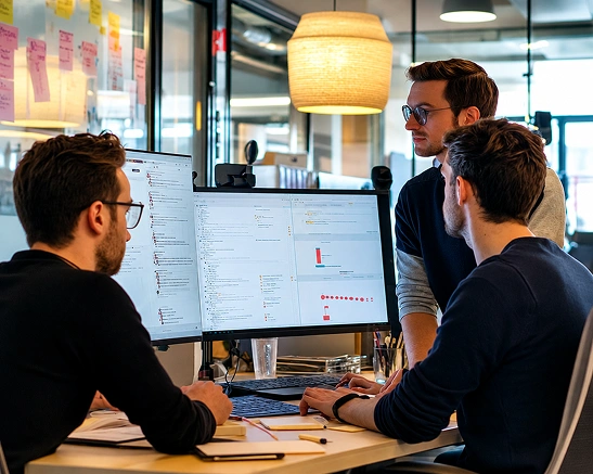 Entwicklungsteam eines deutschen Softwareunternehmens bei der Prüfung eines Enterprise-Dashboards